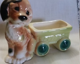 1950's Royal Copley Cockerspaniel Dog Planter with Flyer Wagon. Signed Royal Copely Dog Planter. Royal Copley USA Pottery.
