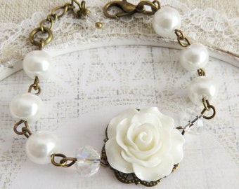 White flower bracelet, pearl bracelet, flower girl jewelry, junior bridesmaid bracelet, kids jewelry, wedding jewelry, brass and bronze