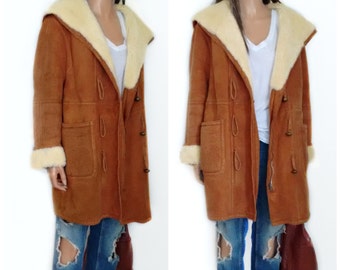 TAKE 20% OFF Hooded Shearling Suede Jacket// Coat// shawl collar and cuffs,Sheepskin coat // small/medium hippie//boho