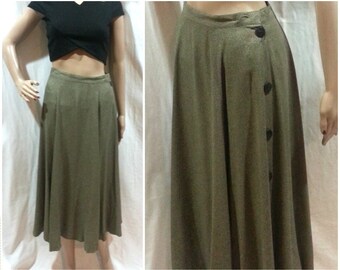 Midi Skirt Medium Button Up Side 80's / boho skirt rayon gray patterned full skirt long midi skirt button down 1980's vintage women's skirts