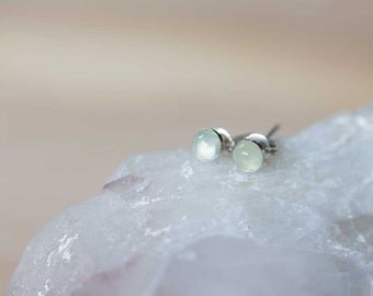 Small Prehnite Stud Earrings on 14k Gold Filled or Sterling Silver, 4mm Prehnite Bezel Set Gold Filled Gemstone Earrings, Prehnite Jewelry