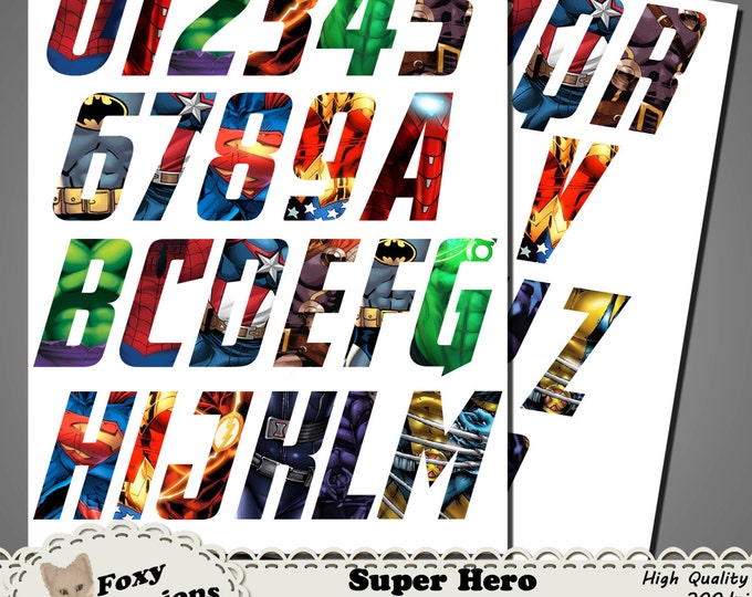 Super Hero Letters & Numbers clipart pack comes with 39 pieces. Includes Spiderman, IronMan, Hulk, Flash, Batman, Superman, Wolverine, etc.