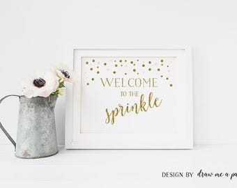 GOLD PINK DOTS Baby Shower Sign , Welcome to the Sprinkle , Gold Glitter Baby Shower , Baby Shower Table Sign , Printable , Instant Download