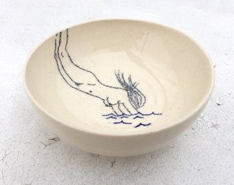 Swimming Woman Bowl, Ceramic Hand thrown bowl, Nude pencil drawing, Original drawing by Catherine Rex