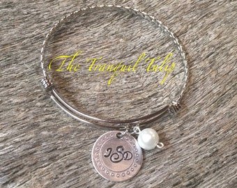Stainless Steel Wire Braided Bangle - Monogrammed Bracelet - Hand Stamped Jewelry - Birthstone or Pearl Charm