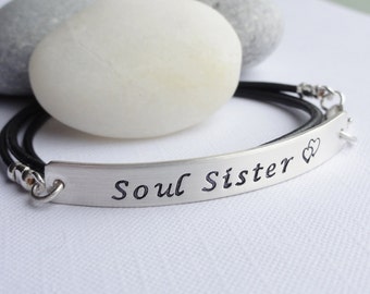 Soul Sisters - Leather Wrap Sterling Silver Bracelet - Custom Phrase - Choose Leather Colour
