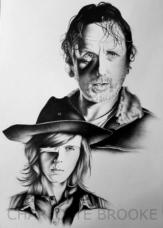 Rick And Carl The Walking Dead Pencil Portrait Drawing Print