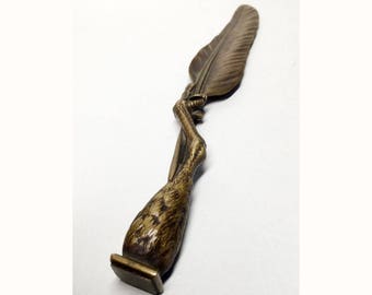 French Antique Bronze Stamp and Letter Opener with Rapacious Paw Holding a Feather Decor - Bronze Letter Knife