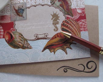 Sea Shell Themed Card, Ocean Themed Card, Sea Horse, Blue, Red, Tan, Sparkle, All Occasion, Blank Notecard, Shell Postage Stamp, Ocean Quote