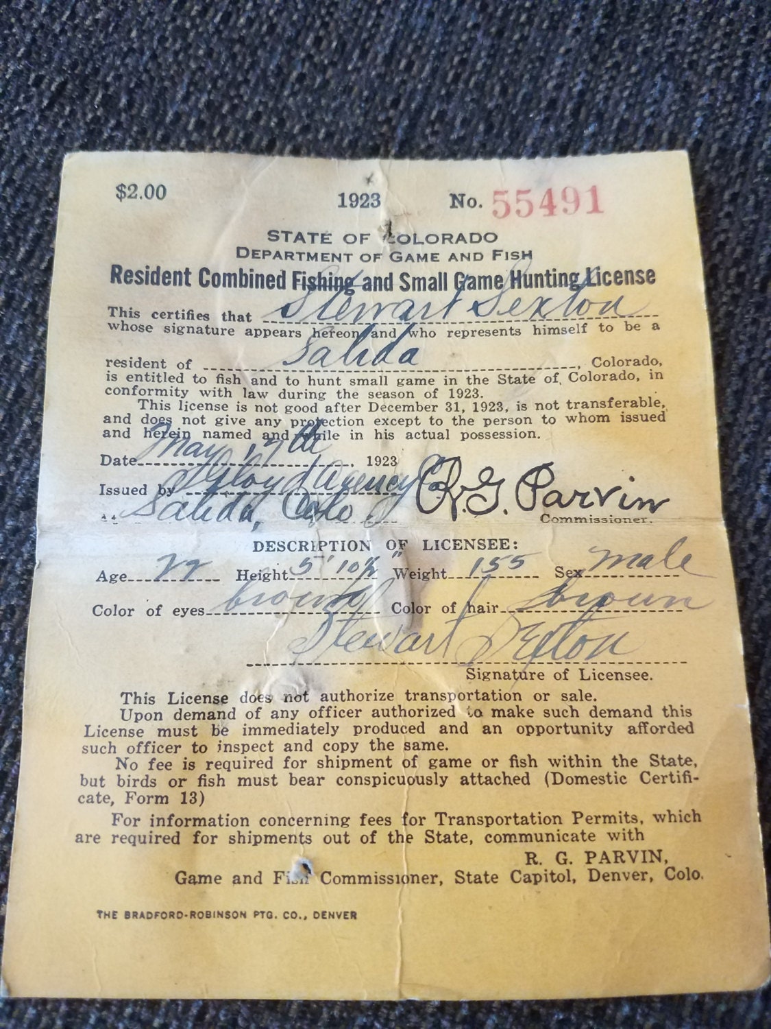 Vintage Colorado Hunting Fishing License 1923 Free Shipping