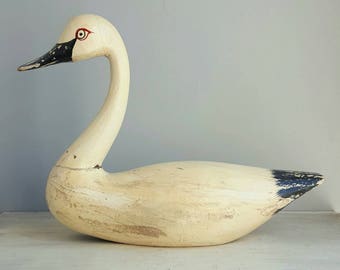 Vintage Swan Decoy Wood Carving, pre 1960s, Americana Primitive Old Paint and Old Repairs, Rustic Decor, Antique Hand Carved, Unsigned