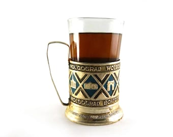 Set vintage Glass Holder with glass Volgograd souvenir metal glass holders cup holder Russian Tea Glass Holder Podstakannik utensils for tea