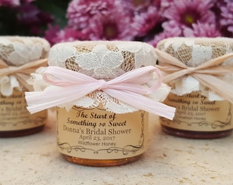 Bridal Shower Favors Honey-- 12 --1.5oz jars w/ personalized labels, laced/burlap topper & raffia ribbon