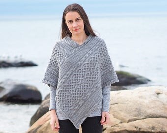 Portree Grey Wool Celtic Aran Cable Poncho Adult Medium
