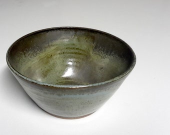 Soup or cereal bowl, stoneware pottery in a blue green brown variegated glaze, 3.5 x 7 inches