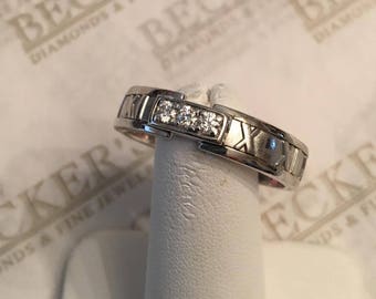 Men's Vintage 18k white gold Tiffany & Co Atlas Roman Numeral Band Ring 3 Diamonds .12 tw H-VS2, 5.6mm wide, *** size 13