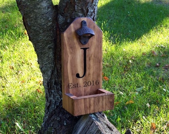Personalized Beer Bottle Opener, Groomsmen Gift, Rustic Engraved Wood, Beer, Bottle Opener, Cap Catcher, Wedding, Gift Ideas, Mancave