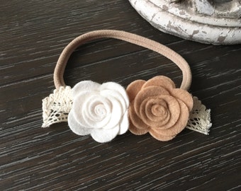 Ivory & Tan Wool Felt Flower Lace Crown Headband Hair Bow or clip Newborn / Baby / Toddler / Girls / Portraits / Photoshoot Cream Headband