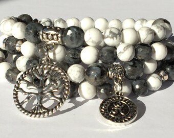 Mala 108 Howlite Zen,Labradorite Necklace,Mala Meditation,Yoga Gift Mala,Tree of life Mala,Protection Japa Mala,108 Gemstone Gift,Buddhist