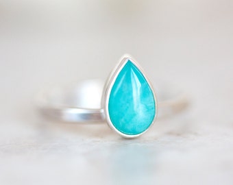 Amazonite Ring, Amazonite Pear Shaped Ring, Blue Gemstone Silver Ring
