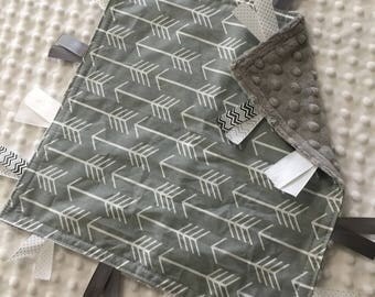 Personalized Tag Blanket Sensory Ribbon Blanket Lovey- Grey Arrows with Minky Dot