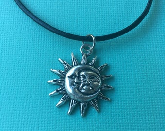 SALE! Sun and Moon Choker Necklace - handmade - boho - leather chain - silver pendant