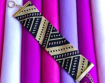 Peyote Stitch Cuff Bracelet PDF Pattern - Angular Splendour - Black, Gold & Pink Beading Pattern - Even Count Peyote