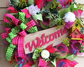 Deco Mesh Wreath, Spring Wreath, Birdhouse Wreath, Spring Deco Mesh Wreath, Door Wreath, Pink Wreath, Home Decor, Welcome Wreath