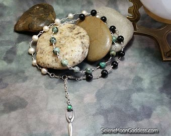 Triple Goddess Pagan Rosary, Maiden Mother Crone, Semi Precious Stone Prayer Beads, Meditation Beads, Spell Work, Ritual Beads, Chant Beads