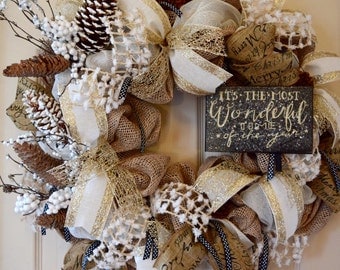 Ivory, Black and Champagne Glitter Burlap Wreath; The Most Wonderful Time of the Year; Country Christmas Wreath; Winter Handmade Door Decor