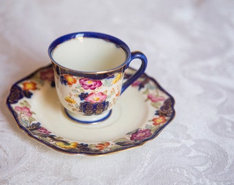 Beautiful Tea Cup and Saucer, Blue with Flowers, Demitasse