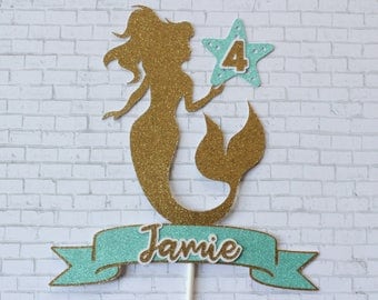 Glitter Mermaid Cake Topper Personalized Name - Birthday Cake Topper or Centerpiece