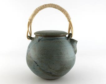 Ceramic teapot, blue teapot with wicker handle, handmade teapot, pottery teapot (No. N-te-11)