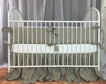 Dark Linen Baby Bedding Set with leaf shaped ties, Farmhouse Nursery, Country Crib Bedding Sets