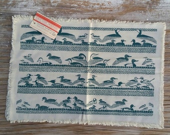 Folly Cove Designers "Winter Waterfowl" set of four (4) placemats designed and handblocked by Eino Natti, Gloucester Massachusetts