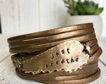 Just Breathe, Leather Wrap Bracelet, Shredded, Personalized, Create Hope Cuffs Gift for Her, bronze wing, double wrap bracelet, adjustable
