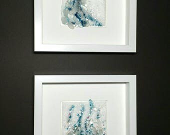 Tide and Trail ~ Midnight Ocean Glass Art Diptych Wall Sea Glass Art Sculpture Breaking Wave Contemporary Modern Beach Fine Art May Waynorth