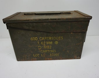 Vintage Military Ammo Can, Army Bullet Box, 600 Cartridges, 7.62 MM, M82, Metal Ammunition Storage Container, Vietnam War, Korean War