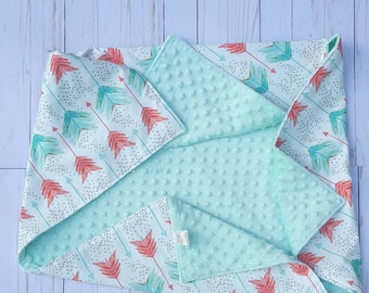 Mint and Coral Arrow Baby Blanket- baby blanket for girl, baby shower gift, minky baby blanket, baby bedding, baby nursery, stroller blanket