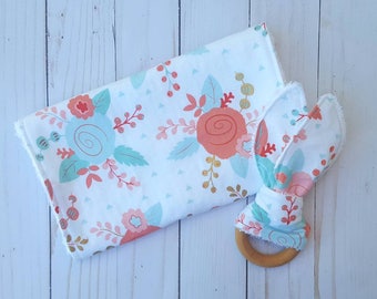 Coral and mint burp cloth and teething ring gift set- teal and pink, girl burpcloth, baby shower gift baby girl, floral chic, modern baby