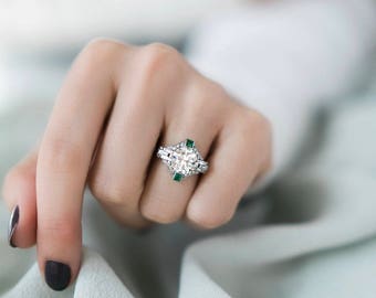Art Deco Old European Cut Diamond and Emerald Engagement Ring | Josephine