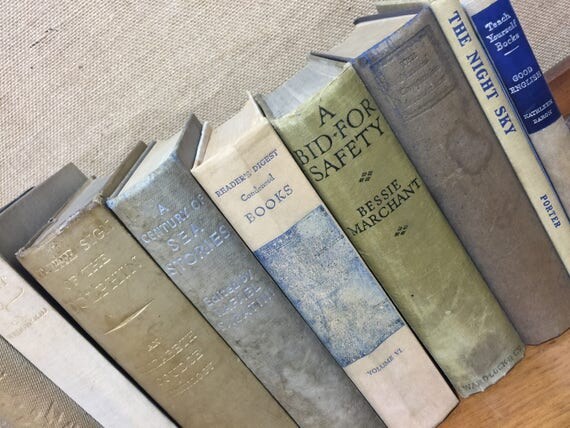 GREY CREAM TAUPE Vintage Book Collection - Grey Home Decor - Old Books Decoration - Foot Long 9 Shelf Staging - Vintage Book