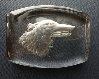 Vintage 1950s Etched Glass Collie Paperweight