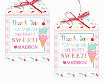 Personalized Pink Ice Cream Party Printable Hang Tags, Ice Cream Cone Custom Thank You Tags, Ice Cream Cone Party, 3x4 Gift Tags