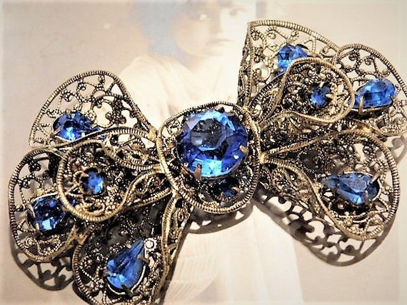 Signed CZECHOSLOVAKIA 1920s Art Deco Sapphire Blue Glass Rhinestone Brooch Brass Filigree Bow Tie Czech Bohemian Wedding Bride Bridal Brooch