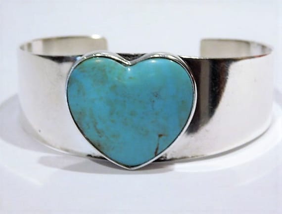 Vintage Turquoise Heart Cuff Sterling Silver Jay King Genuine Turquoise Gemstone Cuff DTR Desert Rose Trading Company Southwestern Jewelry