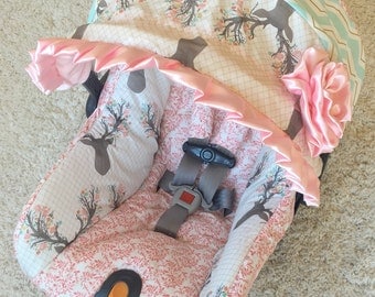 Custom Car Seat Cover, 4 PC Set Baby Car Seat Covers, Deer Custom Infant Car Seat Covers, Baby Girl Pink Infant Car Seat Covers