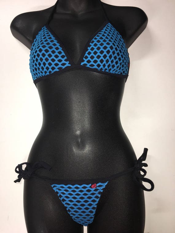 ONEofaKIND *** MissManeater VANDALIZE thin bind fixed triangle bikini top with thin bind tie side boutique bikini pant *** THONG micro cut!