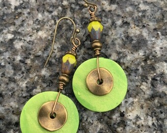 Boho Earrings, Lime Green Earrings, Clay Earrings, Dangle Earrings, Unique Earrings