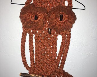 Large Vintage 1970s Macrame Owl Wall Hanging with Plant Holder